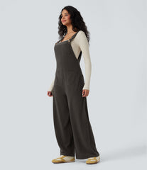 Square Neck Corduroy Casual Overalls with Pockets
