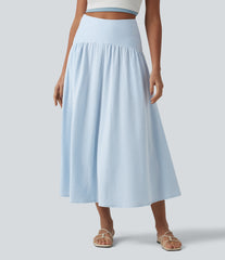 High Waisted Midi Stripes Crinkle Cotton Casual Flowy Skirt with Pockets