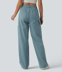 High Waisted Straight Leg Stretchy Poplin Casual Cargo Pants with Pockets