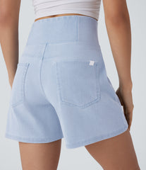 Halara Flex™ Crossover High Waisted Pockets Wide Leg A Line Washed Denim Casual Shorts