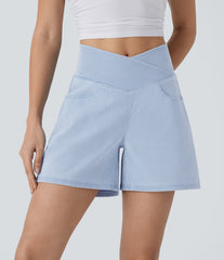 Halara Flex™ Crossover High Waisted Pockets Wide Leg A Line Washed Denim Casual Shorts