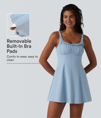 U-neck Sleeveless Ruffle Trim Ruched Built-in Bra Mini Casual Dress with Pockets