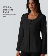 Wrinkle-Resistant U Neck Long Sleeve Work Linen-Feel Blazer