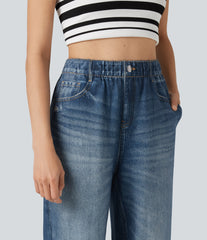High Waisted Denim Print French Terry Casual Joggers with Pockets
