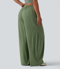 Mid Rise Drawstring Wide Leg Heathered Casual Pants with Pockets