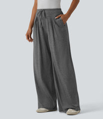 High Waisted Drawstring Pleated Heathered Casual Baggy Pants with Pockets
