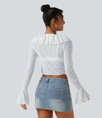 Tie-neck Flounce Long Sleeve Asymmetric Ruffle Trim Casual Lace Top