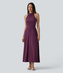Mock Neck Sleeveless Invisible Zipper Midi Stretchy Satin-Like InstantCool Bridesmaid And Wedding Guest Flowy Dress with Pockets