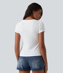 Semi Sheer Ribbed Knit Round Neck Short Sleeve Casual T-Shirt