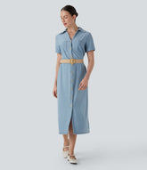 Halara Flex™ Short Sleeve Denim Midi Casual Dress with Pockets