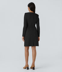 Round Neck Shoulder Pad Long Sleeve Hem Slim Mini Work Dress