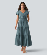 V Neck Short Sleeve Stretchy Poplin Midi Casual Dress