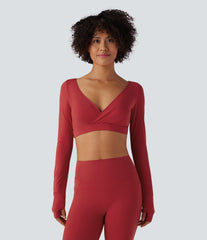 Deep V-neck Long Sleeve Thumb Holes Tie Back Cropped Casual Sports Top