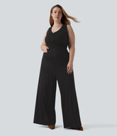 Plus Size V Neck Sleeveless Cut Out Wide Leg InstantCool Stripe Work Jumpsuit with Pockets