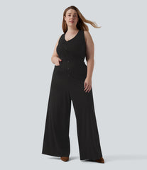 Plus Size V Neck Sleeveless Cut Out Wide Leg InstantCool Stripe Work Jumpsuit with Pockets