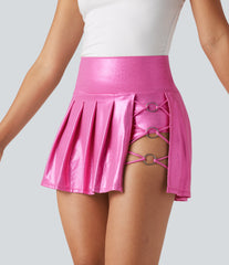 SoftlyZero™ Faux Leather High Waisted 2-in-1 Pleated Sparkle Foil Print Stretchy Mini Skirt with Pockets