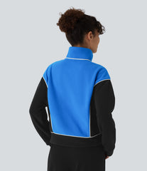 Stand Collar Half Zip Long Sleeve Color Block Fleece Casual Sweatshirt