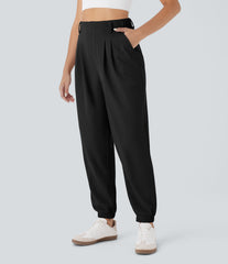 High Waisted Tapered Waffle Casual Joggers with Pocket