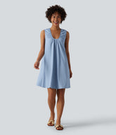 U-Neck Sleeveless Mini Denim-Like Resort Dress with Pockets