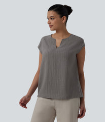 Notched Collar Sleeveless Stripe Casual Linen-Blend T-Shirt