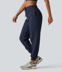 High Waisted Drawstring Ruched Tapered Quick Dry InstantCool Running Joggers with Pockets-UPF40+