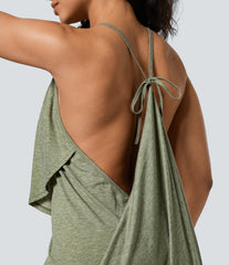 V Neck Tie Back Ruched Maxi Slip Dress