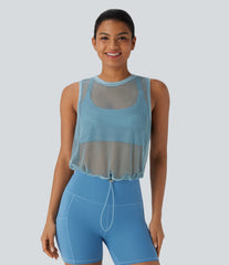 Sheer Mesh Cut Out Drawstring Hem Running Tank Top