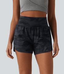 Halara UltraSculpt™ Camo Print High Waisted Tummy Control Curved Hem 2-in-1 Running Shorts 4" with Pocket