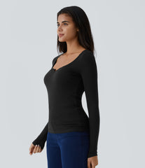 Ribbed Scoop Neck Long Sleeve Slim Casual Top