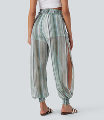 High Waisted Shirred 2-in-1 Stripe Casual Joggers with Pockets