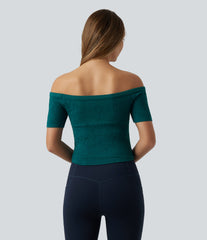 OneForm Seamless Flow Off Shoulder Short Sleeve Built-in Bra Cropped Yoga Sports Top