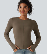 Ribbed Knit Round Neck Long Sleeve Thumb Holes Cut-out Casual T-Shirt