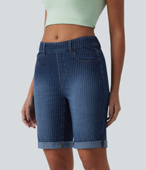 Halara Flex™ Mid Rise Rolled Hem Stripes Denim Casual Skinny Bermuda Shorts with Pockets