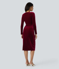 V Neck Long Sleeve Ruched Velvet Midi Casual Dress