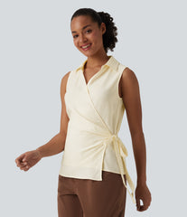 V Neck Sleeveless Wrapped Tie Side Work Shirt