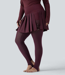 Breezeful™ High Waisted Pleated 2-in-1 Contrast Mesh Quick Dry Dance Plus Size Stirrup Skirted Leggings with Pockets