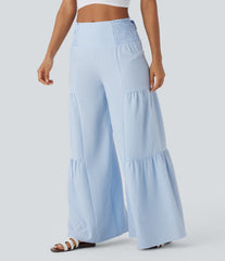 High Waisted Tie Back Shirred Wide Leg Flowy Stripe Casual Pants