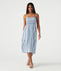 Removable Straps Shirred Stripes Linen-Feel Resort Slip Dress