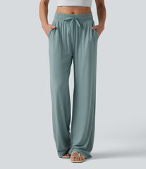 Mid Rise Drawstring Casual Baggy Pants with Pockets