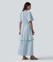 V-neck Short Sleeve Ruffle Tiered Midi Resort Flowy Dress