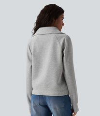 Lapel Half Zipper Long Sleeve Thumb Holes Casual Sweatshirt with Pockets