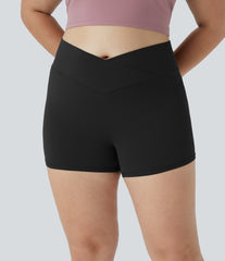 SoftlyZero™ High Waisted Crossover Plain Yoga Plus Size Biker Shorts 3''-UPF50+
