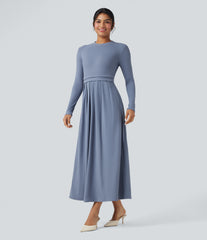 Mock-neck Long Sleeve A-line Casual Maxi Dress with Pockets