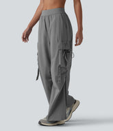 Mid Rise Ruched Tie Workout Cargo Bootcut Pants with Pockets