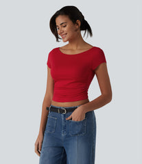 Boat Neck Short Sleeve Built-in Bra Ruched Cropped Casual T-Shirt