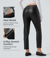Mid Rise Stretchy PU Fleece 7/8 Casual Tapered Pants with Pockets