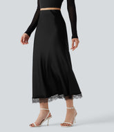High-waisted Satin Contrast Lace Midi Casual A-Line Skirt