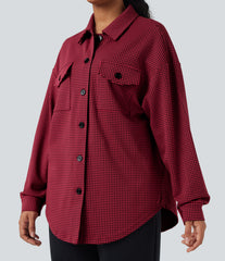 Curved Hem Houndstooth Oversized Casual Jacket with Pockets