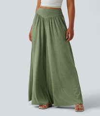 High Waisted Shirred Flowy Baggy Pants with Pockets