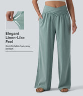 Crossover High-waisted Ruched Casual Linen-Feel Baggy Pants with Pockets